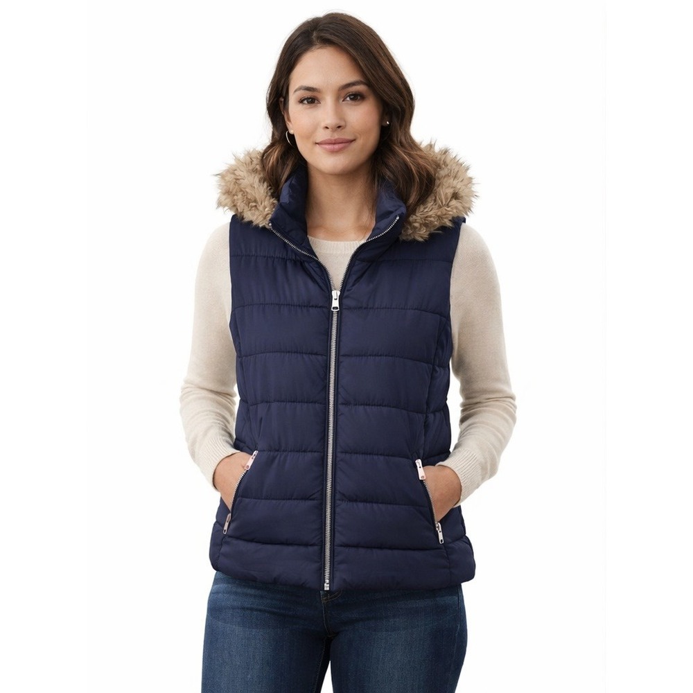 GAP Navy Puffer Vest Faux Fur Hood Women's‎ Small Zip Front